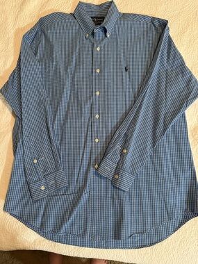 Ralph Lauren Men’s Blake Blue Micro-Check Button-Down 100% Cotton Dress Shirt L